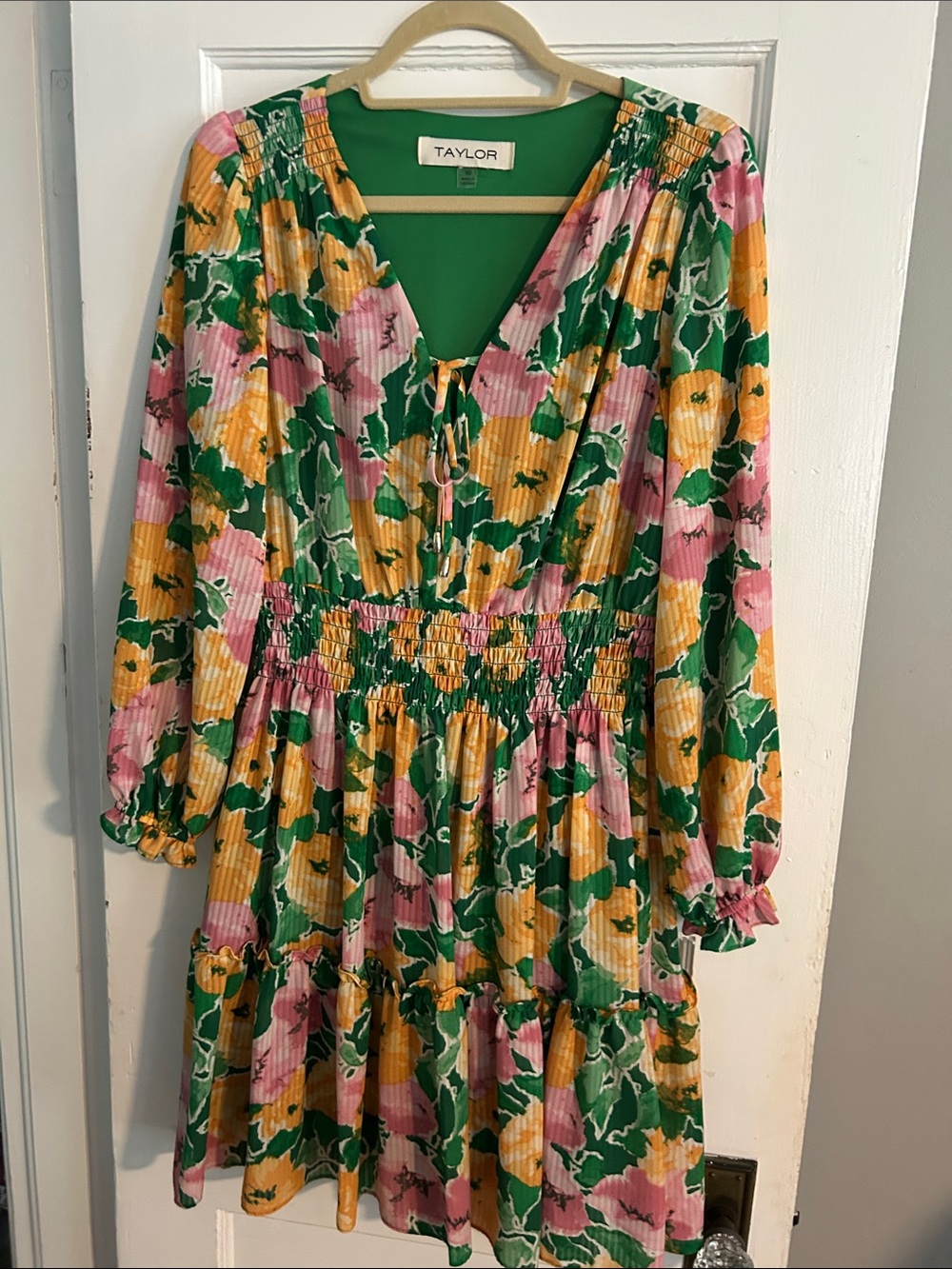 Taylor Green Floral Tie-Front Smocked Waist Dress with Pink & Yellow Blooms